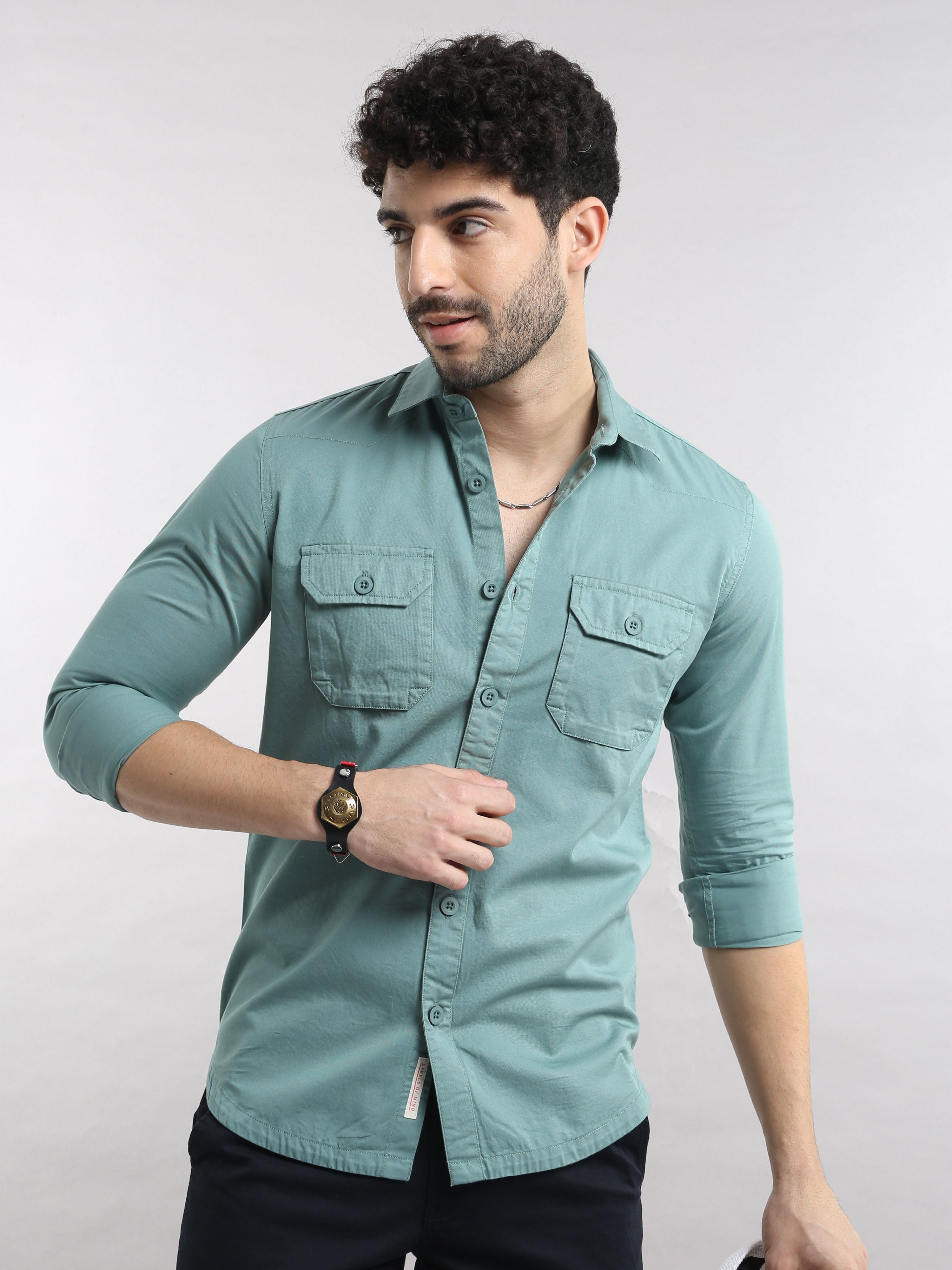 Shop Stylish Green Cotton Double Pocket Shirt